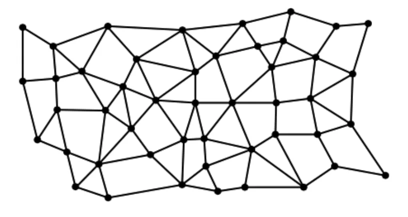 A large network drawn as dozens of dots (vertices) joined by many lines (edges), like a road map.